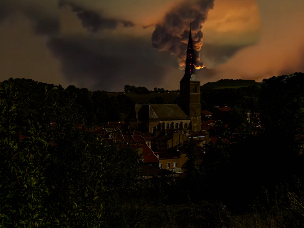 photomontage de l'église de vézelise en feu en 1726